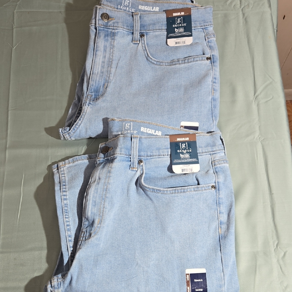 2 Pairs George G Men's Light Wash Regular Straight Leg Blue Stretch Jeans 34X32